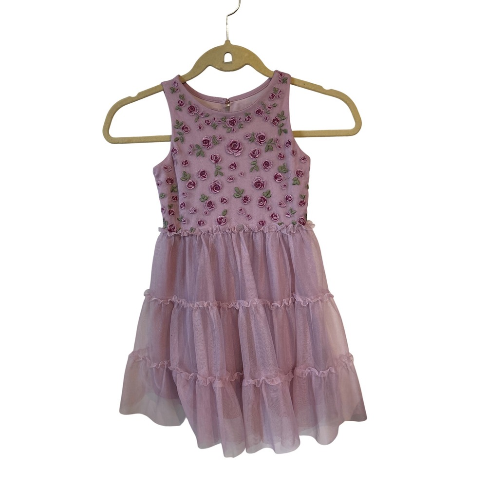 Cat & Jack Floral Embroidered Tulle Dress Girls XS 4/5 Purple tiered